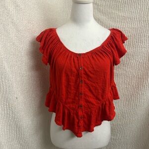 We The Free Red Mint Julep Top Size XS Ruffle Shirt Ruffle Peasant Button Down